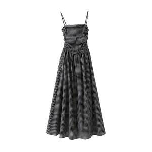 
POPCHRIO French retro one-shoulder strapless pleated suspender dress age-reducing plaid long skirt