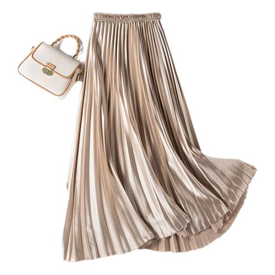 
18561 Pearlescent Satin Pleated Skirt Autumn and Winter Women's Mid-Length High Waist Slimming A-Line Long Skirt Long Skirt