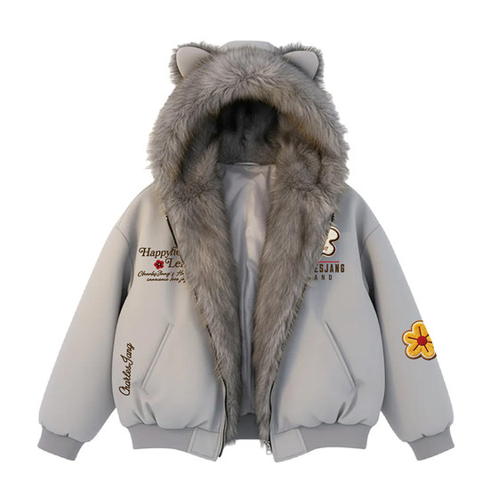 
Charles Love Heart Winter Plush Seat Mountain Carving Cotton Clothes Men's Cat Ears Fur Collar Hooded Trendy Couple Sweater Jacket