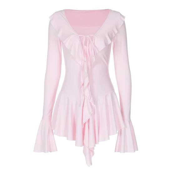 
European and American ins style flip ribbon tether V-neck trumpet long-sleeved dress for women early autumn high waist slim pleated skirt