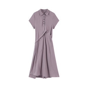 
Wu Tongtong purple Polo collar irregular T-shirt dress for women in summer Korean design slim waist A-line skirt