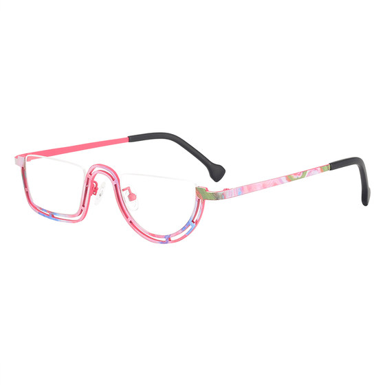 
Colorful dopamine niche half-frame creative glasses frame for men and women, cat eye fashion, ultra-light titanium material, can be matched with myopia degree