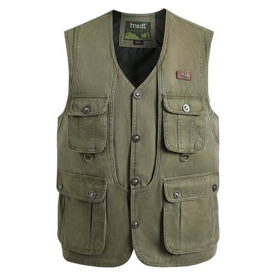 Large pocket spring and autumn vest pure cotton middle -aged and elderly man canvas, shoulder vest, fishing photography dad, a new model