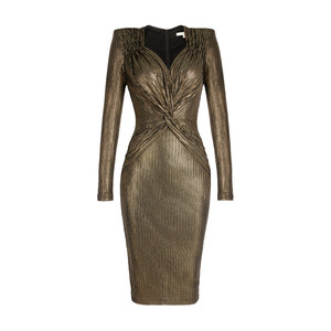 Xulu original light luxury knitted hot golden temperament high waist slim body black gold V -neck long sleeve dress
