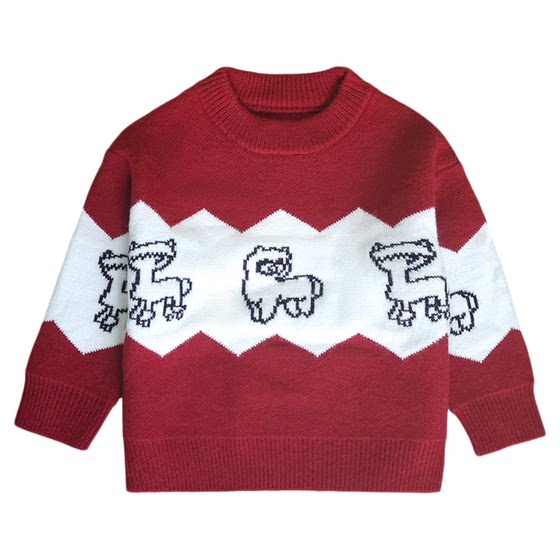 
Boys' Red Thickened Sweater 2026 Autumn and Winter New Children's Winter Round Neck Pullover Sweater New Year's Clothing Winter Clothing