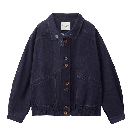 
Designer Giordano Denim Jacket Women's Topstitched Large Pocket Stand Collar Loose Denim Jacket 18375810