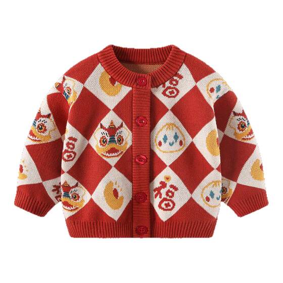 
Baby sweater winter baby boy red festive New Year's greetings suit boy's velvet knitted cardigan top
