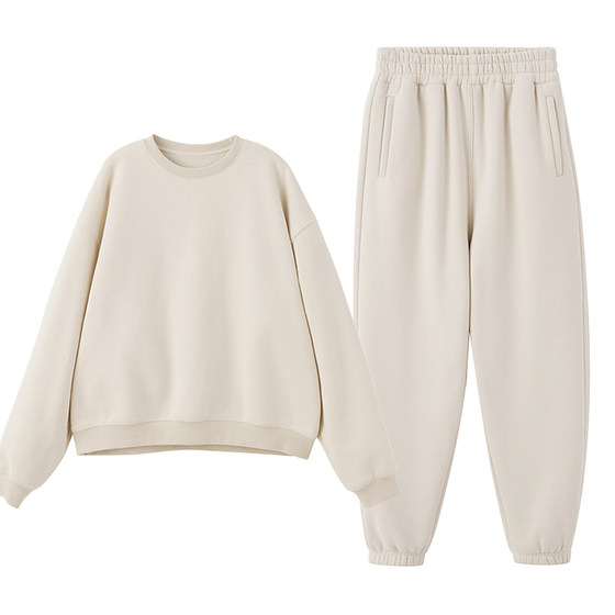 
ZzZHANG [Excellent Quality] Fashionable Casual Suit Women's Lazy and Comfortable Round Neck Velvet Sweatshirt Two-piece Set