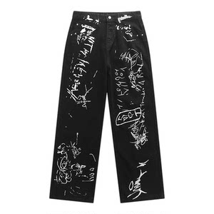 
WASSUP American handsome hiphop hip-hop loose black jeans men's trendy brand paint graffiti wide-leg trousers