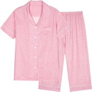 Yiershuang underwear men and women's summer thin double-layer gauze home clothes pure cotton couple short-sleeved pajamas set