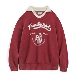 
Madden retro burgundy contrast V lapel loose pullover jacquard warm thickened sweater sweater top for women spring