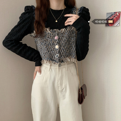 taobao agent T-shirt, bra top, universal vest, set, plus size, puff sleeves, Chanel style