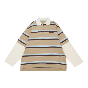 
Boys T-shirt long sleeve 2025 autumn new style homemade medium and large children's fake two-piece tops boys striped children's POLO shirt