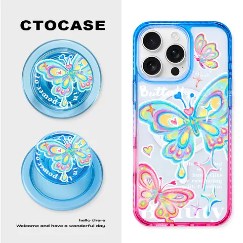Butterfly【Drawing Illustration】MagSafe PopSocket  MagSafe iPhone Gradient 12 Phone Cases Covers Pro/Plus/Max/Air – iPhone 17, iPhone 16, iPhone 15, iPhone 14, iPhone 13