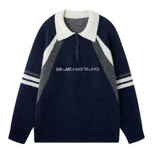 
BJHG reckless contrasting color polo collar sweater men's winter retro lapel sports style couple knitted sweater for women
