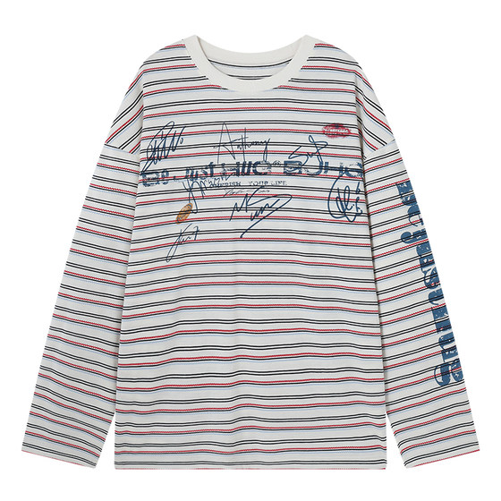 
BJHG reckless striped graffiti printed long-sleeved T-shirt men's spring American sweater couple tops women