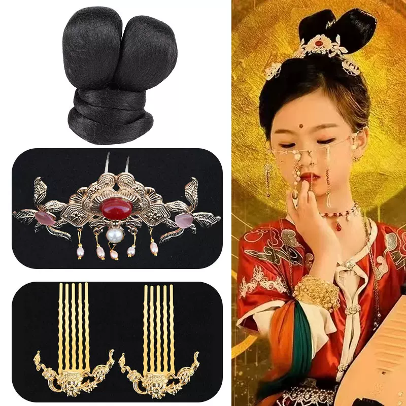 古装表演女童飞天兔耳双头假发包古风发髻敦煌古典舞演出造型套装