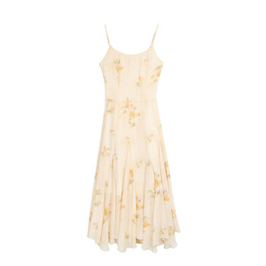 
MULVAN Gauze Dance Retro Floral Suspender Dress Women's Waist Slimming Elegant Holiday A-Line Long Skirt