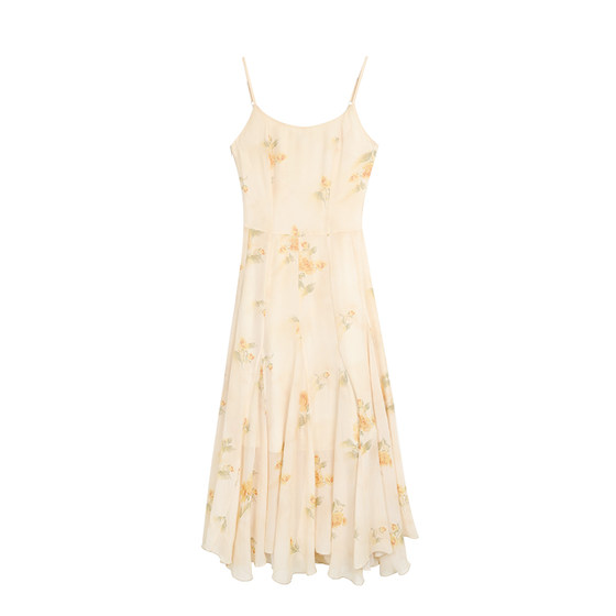 
MULVAN Gauze Dance Retro Floral Suspender Dress Women's Waist Slimming Elegant Holiday A-Line Long Skirt
