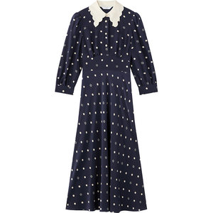 
[Silk] LK BENNETT dark blue polka dot dress 2026 spring new mid-sleeve lapel waist long skirt