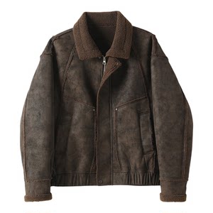 
LUUD distressed matte texture warm leather jacket street style fur one-piece sherpa splicing jacket for men