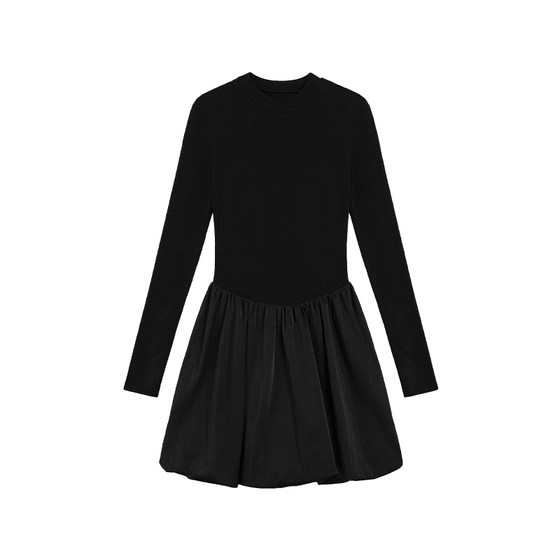 Mulvan black knitted dress female long -sleeved high -end sense waist thin A -line stitching flower bud puffy skirt
