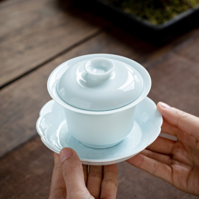 影青瓷盖碗茶杯手工三才碗单个浮雕家用泡茶碗功夫茶具带盖防烫手