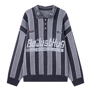 
BJHG reckless racing style polo collar sweater men's winter retro striped couple sheep wool sweater women