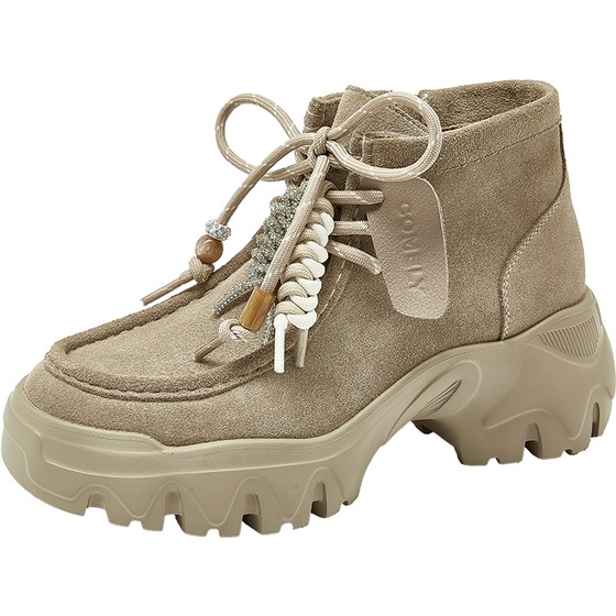 Kangli genuine leather plus velvet Martin boots women's thick-soled heightening fashion boots 25 winter new retro American Birkenstock short boots