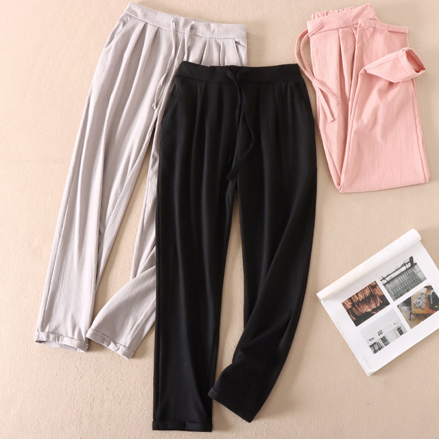 ພາກຮຽນ spring ແລະ summer ຮູບແບບໃຫມ່ງ່າຍດາຍສີແຂງ elastic ສະດວກສະບາຍ versatile ຂະຫນາດນ້ອຍກົງ pants ບາດເຈັບແລະສໍາລັບແມ່ຍິງ elastic waist harem pants C321