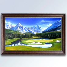 手绘高尔夫球场绿色草原雪山油画大幅壁画横版休闲装饰画卓克风景