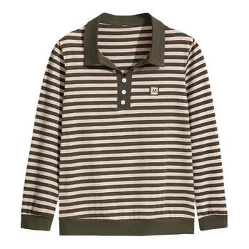 Mom's fashionable lapel striped cotton base shirt T-shirt