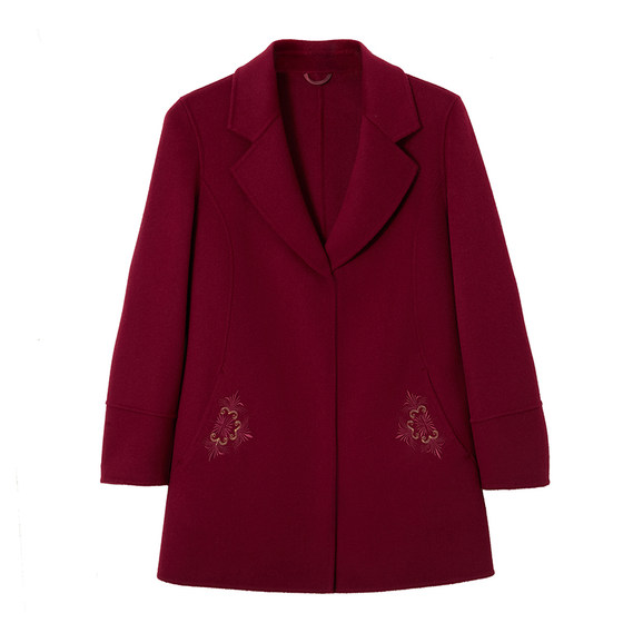 Korean style double-sided cashmere coat for women, short, slim fit, right shoulder suit collar, embroidered temperament mother's woolen coat