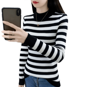 Striped thickened sweater for women with half turtleneck sweater stretch slim fashion top 2025 autumn and winter base shirt long sleeves