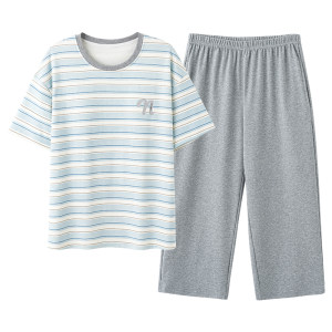 芬腾可安睡衣女款2026新款夏季纯棉带胸垫短袖七分裤灰家居服夏天