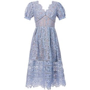 Autumn new women's French retro classic eyelashes lace V -neck high -waisted long -body slim long blooming dress
