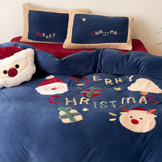 크리스마스 엘크 만화 수 놓은 가을, 겨울 두꺼운 따뜻한 우유 벨벳 침대 4 피스 플란넬 산호 벨벳 이불 커버