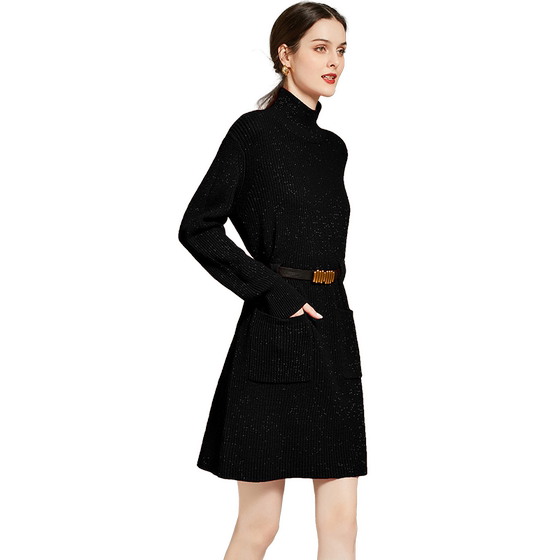 2025 autumn and winter new style half-high collar mid-length high-waist base bright silk French beautiful knitted dress