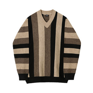 MRCYC striped V-neck sweater top for men in autumn and winter Korean loose contrasting color thickened pullover long-sleeved sweater