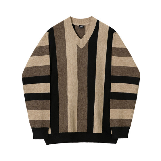 MRCYC striped V-neck sweater top for men in autumn and winter Korean loose contrasting color thickened pullover long-sleeved sweater