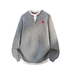 
Charles Heart Japanese Retro Fake Two-piece Spliced Round Neck Sweater for Men and Women Autumn and Winter Couple Casual Sweater