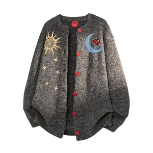 
Charles heart retro cardigan sweater men's winter new sun and moon print trendy brand couple sweater jacket trendy