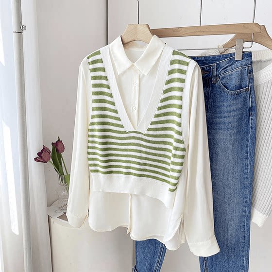 复古百搭针织条纹假两件天丝莱赛尔衬衫女2024秋新款宽松显瘦上衣