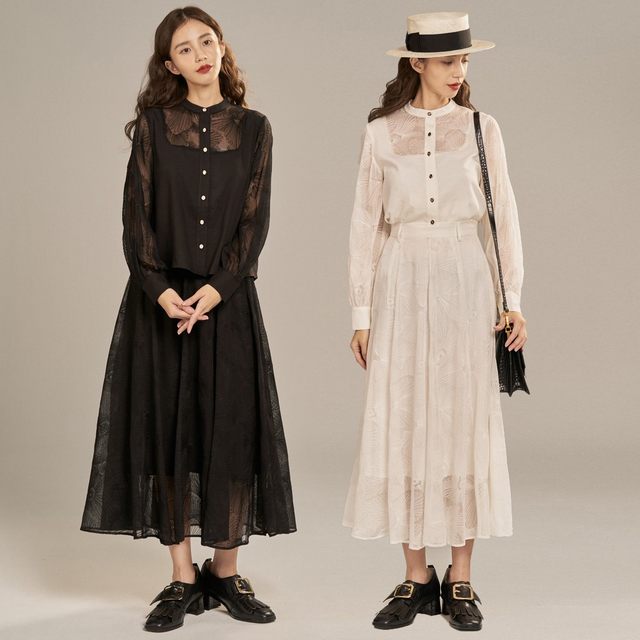 20S Tnewties ເຕັມໄປດ້ວຍ Camellia Spring and Summer Sheer Embroidery Splicing Long Sleeve Umbrella Skirt Suit for Women
