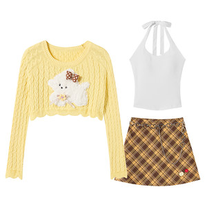 
Fabric Pig Yellow Peach Soda Sweet Style Puppy Embroidered Sweater Women's Autumn and Winter Cute Loose Short Top Jacket