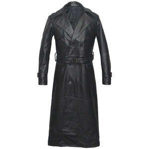 The head layer calf leather leather coat men's body long double -breasted windbreaker outer jacket outer windproof belt over knee men's dragon