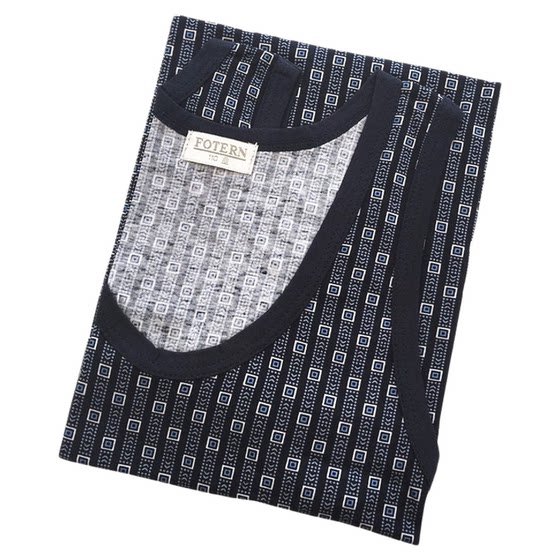 
Korean pure cotton men's vest four seasons style hurdle blue print boys' knitted luxury round neck breathable outer wear