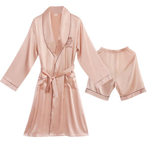 
Summer and summer silk men's men's robe, nightgown, spring and autumn thin ice silk bathrobe, shorts pajamas set