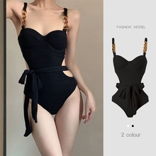 Black high-end one-piece 2024 new swimsuit for women with small breasts gathered to cover the belly, summer bikini soaking in hot spring triangle