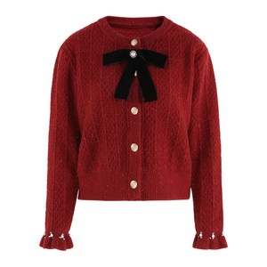 Christmas red sweater jacket for women in autumn and winter 2024 new style bow thickened round neck French knitted cardigan top
